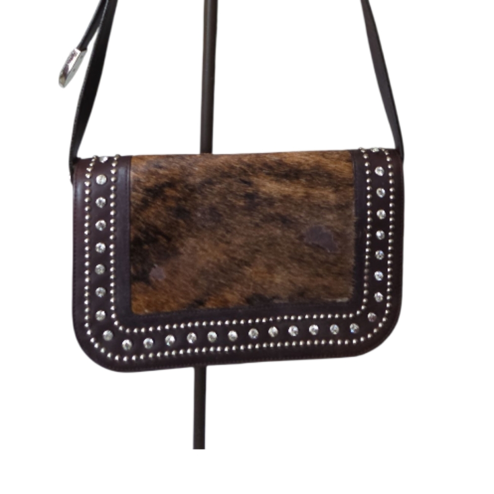 Cowhide Leather Brown Rhinestone Studded Crossbody Bag Detachable Strap
